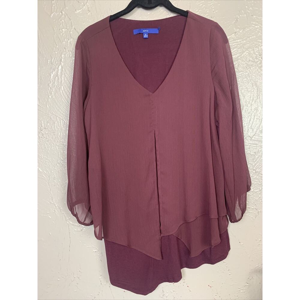 Apt. 9 Women's Burgundy 3/4 Sleeved Sheer‎ Blouse Asymmetrical Hem Size Medium